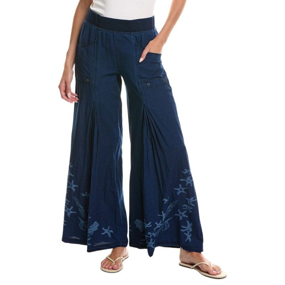 Xcvi Womens Printed Jerona Linen-Blend Wide Leg Pant, Blue